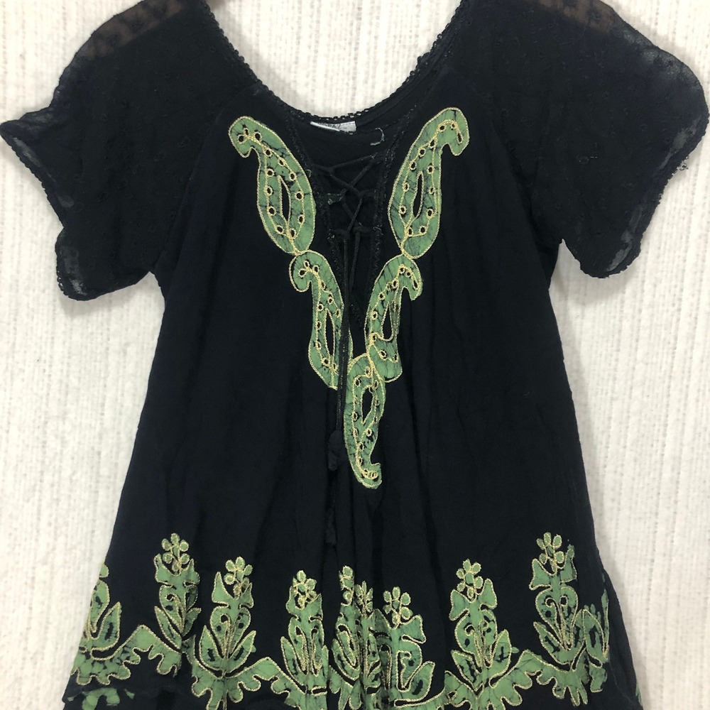 Topaz Black Green Embroidered Boho Lace Up Peasant Blouse Top Small